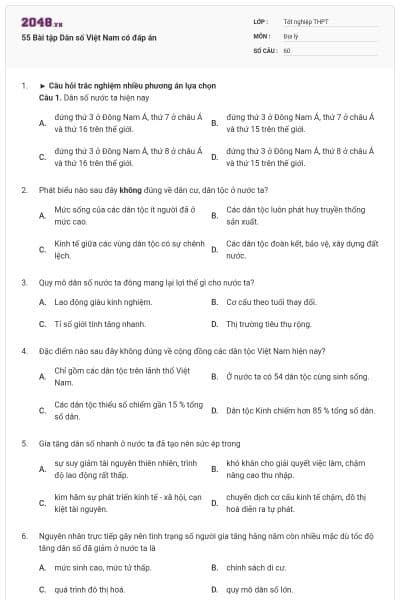 55 Bài tập Dân số Việt Nam có đáp án
