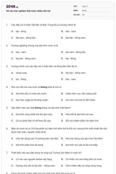 30 câu trắc nghiệm Đất nước nhiều đồi núi