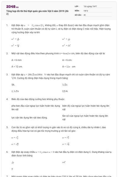 Tổng hợp đề thi thử thpt quốc gia môn Vật lí năm 2019 (đề 2)