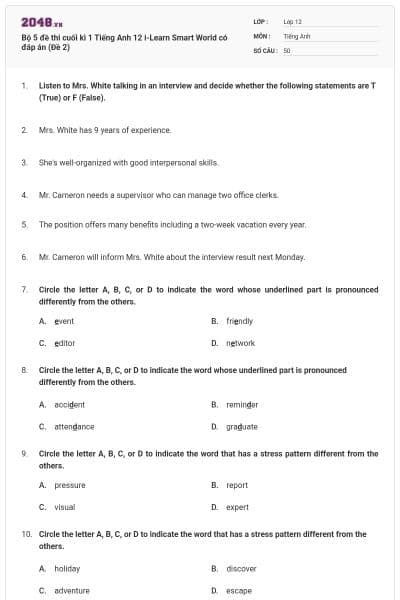 Bộ 5 đề thi cuối kì 1 Tiếng Anh 12 i-Learn Smart World có đáp án (Đề 2)