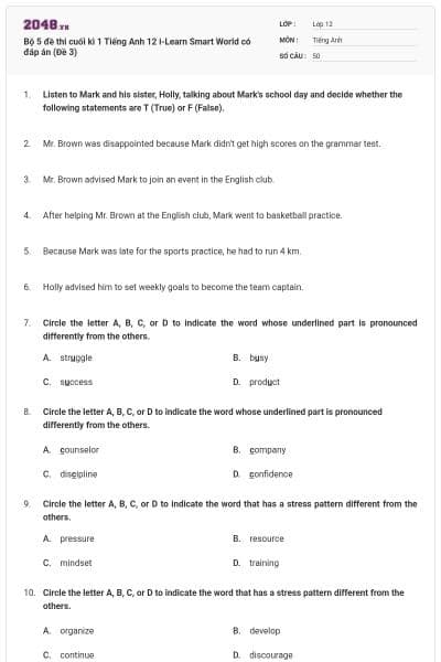 Bộ 5 đề thi cuối kì 1 Tiếng Anh 12 i-Learn Smart World có đáp án (Đề 3)