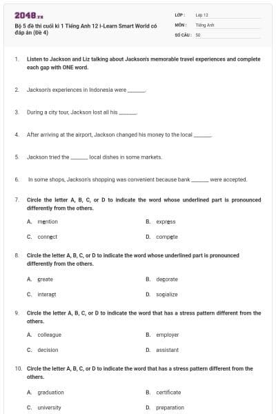 Bộ 5 đề thi cuối kì 1 Tiếng Anh 12 i-Learn Smart World có đáp án (Đề 4)