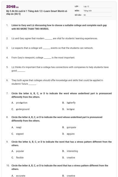 Bộ 5 đề thi cuối kì 1 Tiếng Anh 12 i-Learn Smart World có đáp án (Đề 5)