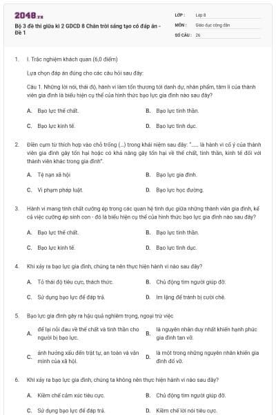 Bộ 3 đề thi giữa kì 2 GDCD 8 Chân trời sáng tạo có đáp án - Đề 1