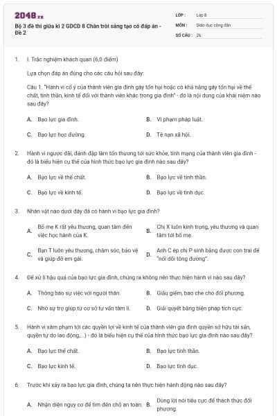 Bộ 3 đề thi giữa kì 2 GDCD 8 Chân trời sáng tạo có đáp án - Đề 2