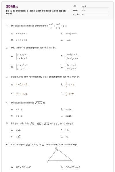 Bộ 10 đề thi cuối kì 1 Toán 9 Chân trời sáng tạo có đáp án - Đề 01