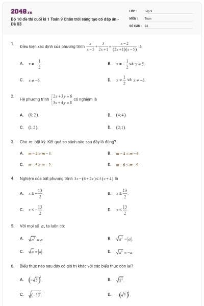 Bộ 10 đề thi cuối kì 1 Toán 9 Chân trời sáng tạo có đáp án - Đề 03