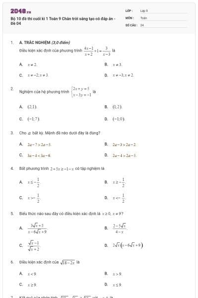Bộ 10 đề thi cuối kì 1 Toán 9 Chân trời sáng tạo có đáp án - Đề 04