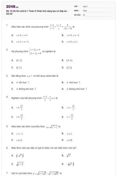 Bộ 10 đề thi cuối kì 1 Toán 9 Chân trời sáng tạo có đáp án - Đề 05
