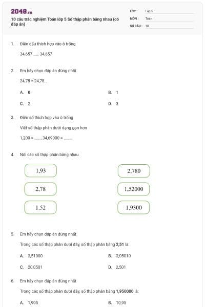10 câu trắc nghiệm Toán lớp 5 Số thập phân bằng nhau (có đáp án)