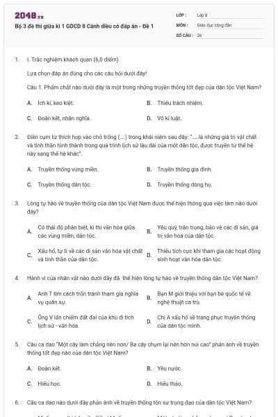 Bộ 3 đề thi giữa kì 1 GDCD 8 Cánh diều có đáp án - Đề 1