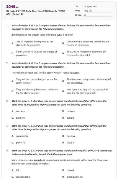 Đề luyện thi THPT Quốc Gia - Năm 2020 Môn thi: TIẾNG ANH (Đề số 14)