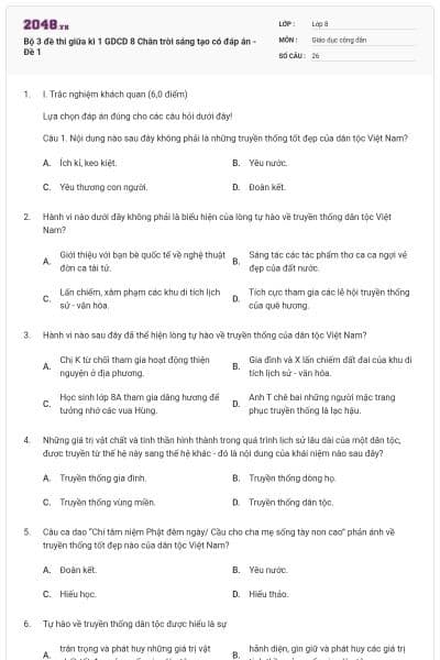 Bộ 3 đề thi giữa kì 1 GDCD 8 Chân trời sáng tạo có đáp án - Đề 1