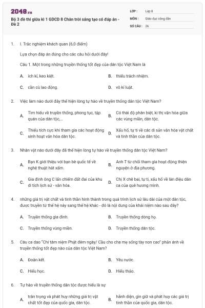 Bộ 3 đề thi giữa kì 1 GDCD 8 Chân trời sáng tạo có đáp án - Đề 2