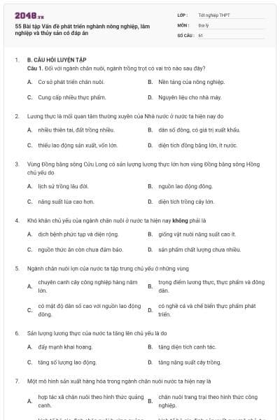 55 Bài tập Vấn đề phát triển nghành nông nghiệp, lâm nghiệp và thủy sản có đáp án