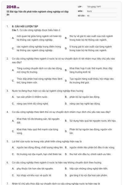 55 Bài tập Vấn đề phát triển nghành công nghiệp có đáp án