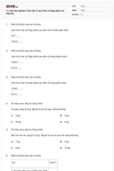 11 câu trắc nghiệm Toán lớp 5 Làm tròn số thập phân (có đáp án)