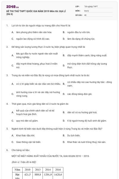 ĐỀ THI THỬ THPT QUỐC GIA NĂM 2019 Môn thi: ĐỊA LÍ (Đề 6)