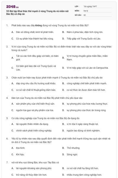 55 Bài tập Khai thác thế mạnh ở vùng Trung du và miền núi Bắc Bộ có đáp án