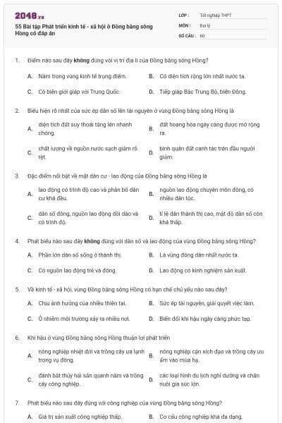 55 Bài tập Phát triển kinh tế - xã hội ở Đồng bằng sông Hồng có đáp án