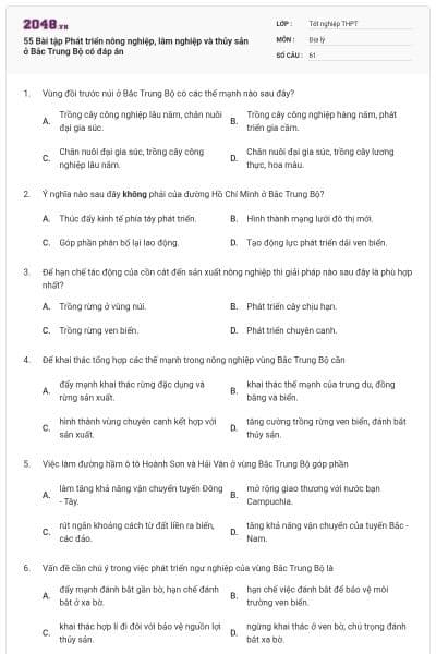 55 Bài tập Phát triển nông nghiệp, lâm nghiệp và thủy sản ở Bắc Trung Bộ có đáp án