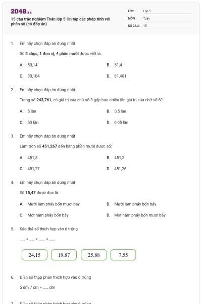 15 câu trắc nghiệm Toán lớp 5 Ôn tập các phép tính với phân số (có đáp án)