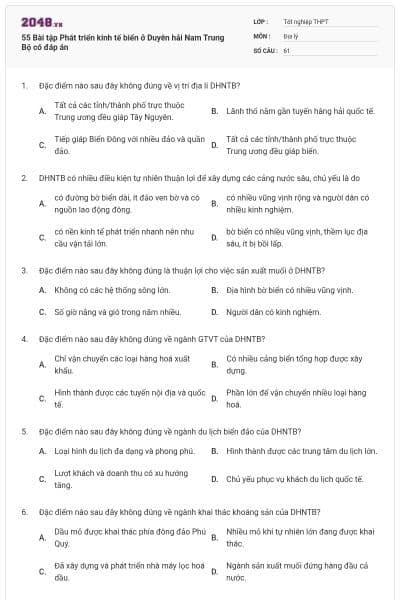 55 Bài tập Phát triển kinh tế biển ở Duyên hải Nam Trung Bộ có đáp án