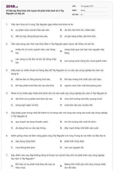 55 Bài tập Khai thác thế mạnh để phát triển kinh tế ở Tây Nguyên có đáp án
