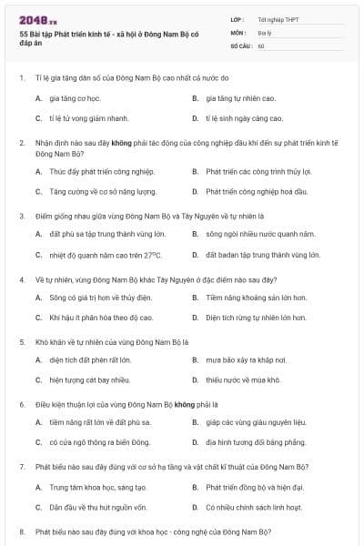 55 Bài tập Phát triển kinh tế - xã hội ở Đông Nam Bộ có đáp án