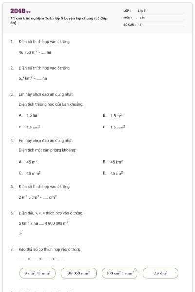 11 câu trắc nghiệm Toán lớp 5 Luyện tập chung (có đáp án)