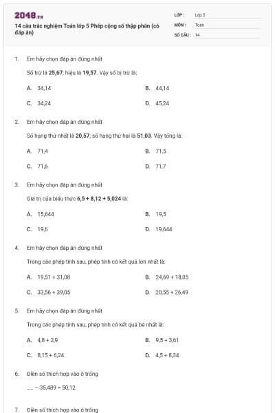14 câu trắc nghiệm Toán lớp 5 Phép cộng số thập phân (có đáp án)