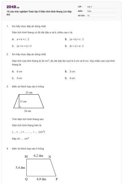 10 câu trắc nghiệm Toán lớp 5 Diện tích hình thang (có đáp án)