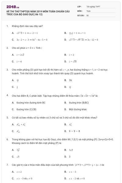 ĐỀ THI THỬ THPTQG NĂM 2019 MÔN TOÁN CHUẨN CẤU TRÚC CỦA BỘ GIÁO DỤC( Đề 12)