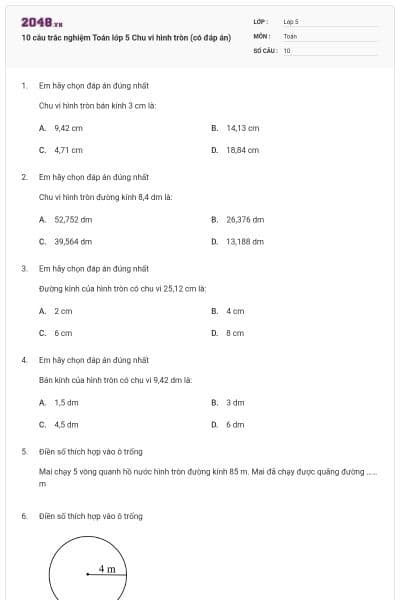 10 câu trắc nghiệm Toán lớp 5 Chu vi hình tròn (có đáp án)
