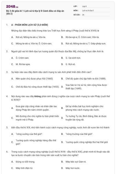 Bộ 3 đề giữa kì 1 Lịch sử & Địa lý 8 Cánh diều có đáp án (Đề 2)