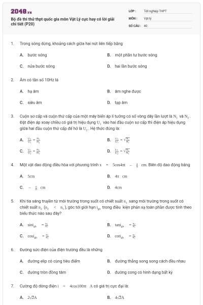 Bộ đề thi thử thpt quốc gia môn Vật Lý cực hay có lời giải chi tiết (P20)