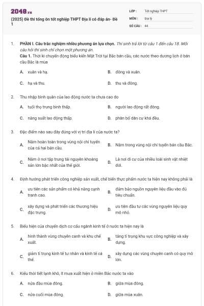 (2025) Đề thi tổng ôn tốt nghiệp THPT Địa lí có đáp án- Đề 1