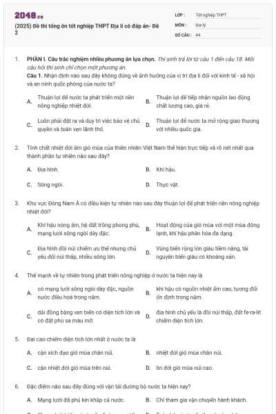 (2025) Đề thi tổng ôn tốt nghiệp THPT Địa lí có đáp án- Đề 2