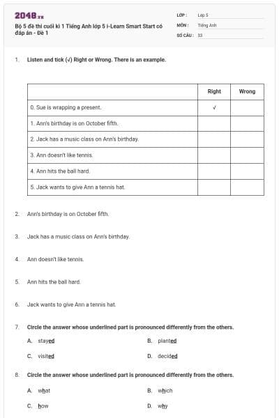 Bộ 5 đề thi cuối kì 1 Tiếng Anh lớp 5  i-Learn Smart Start có đáp án - Đề 1