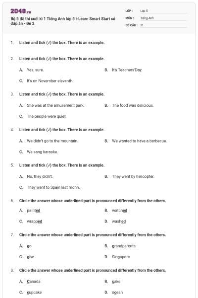 Bộ 5 đề thi cuối kì 1 Tiếng Anh lớp 5  i-Learn Smart Start có đáp án - Đề 2