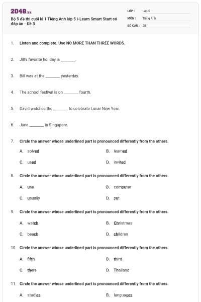 Bộ 5 đề thi cuối kì 1 Tiếng Anh lớp 5  i-Learn Smart Start có đáp án - Đề 3