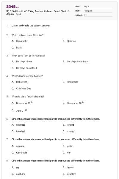 Bộ 5 đề thi cuối kì 1 Tiếng Anh lớp 5  i-Learn Smart Start có đáp án - Đề 4