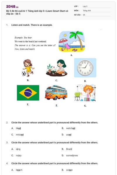 Bộ 5 đề thi cuối kì 1 Tiếng Anh lớp 5  i-Learn Smart Start có đáp án - Đề 5