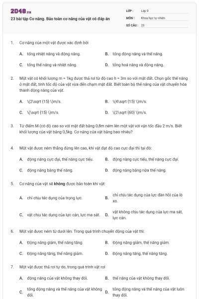23 bài tập Cơ năng. Bảo toàn cơ năng của vật có đáp án