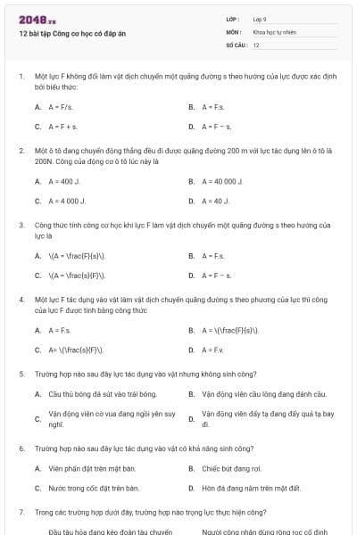 12 bài tập Công cơ học có đáp án