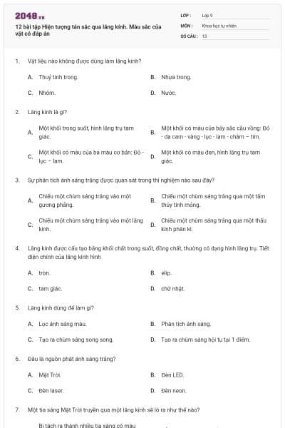 12 bài tập Hiện tượng tán sắc qua lăng kính. Màu sắc của vật có đáp án