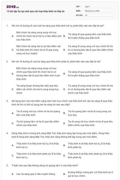 13 bài tập Sự tạo ảnh qua các loại thấu kính có đáp án