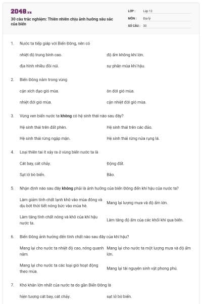 30 câu trắc nghiệm: Thiên nhiên chịu ảnh hưởng sâu sắc của biển