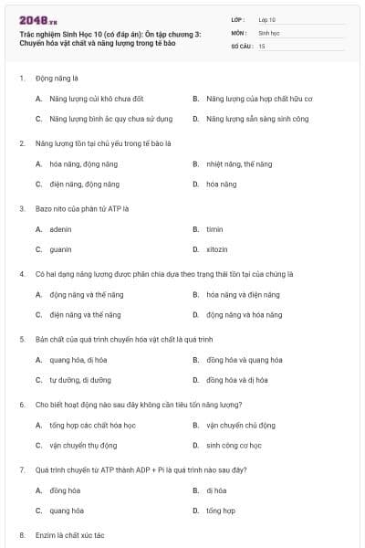 Trắc nghiệm Sinh Học 10 (có đáp án): Ôn tập chương 3: Chuyển hóa vật chất và năng lượng trong tế bào