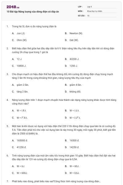 10 Bài tập Năng lượng của dòng điện có đáp án